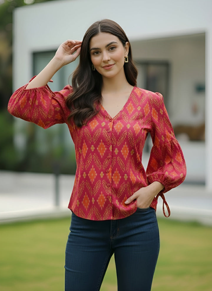 Printed Straight Top With Puff Sleeves