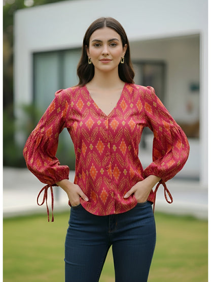 Printed Straight Top With Puff Sleeves
