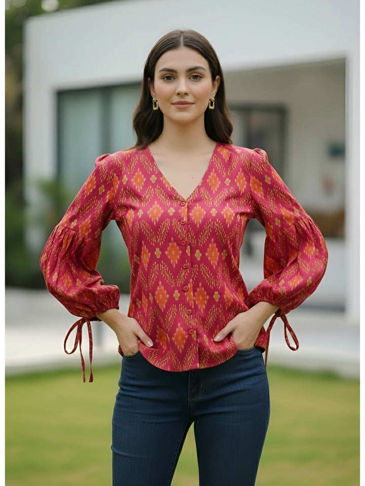 Printed Straight Top With Puff Sleeves