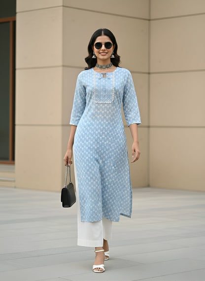 Printed Straight Kurta with Three Quarter Sleeves