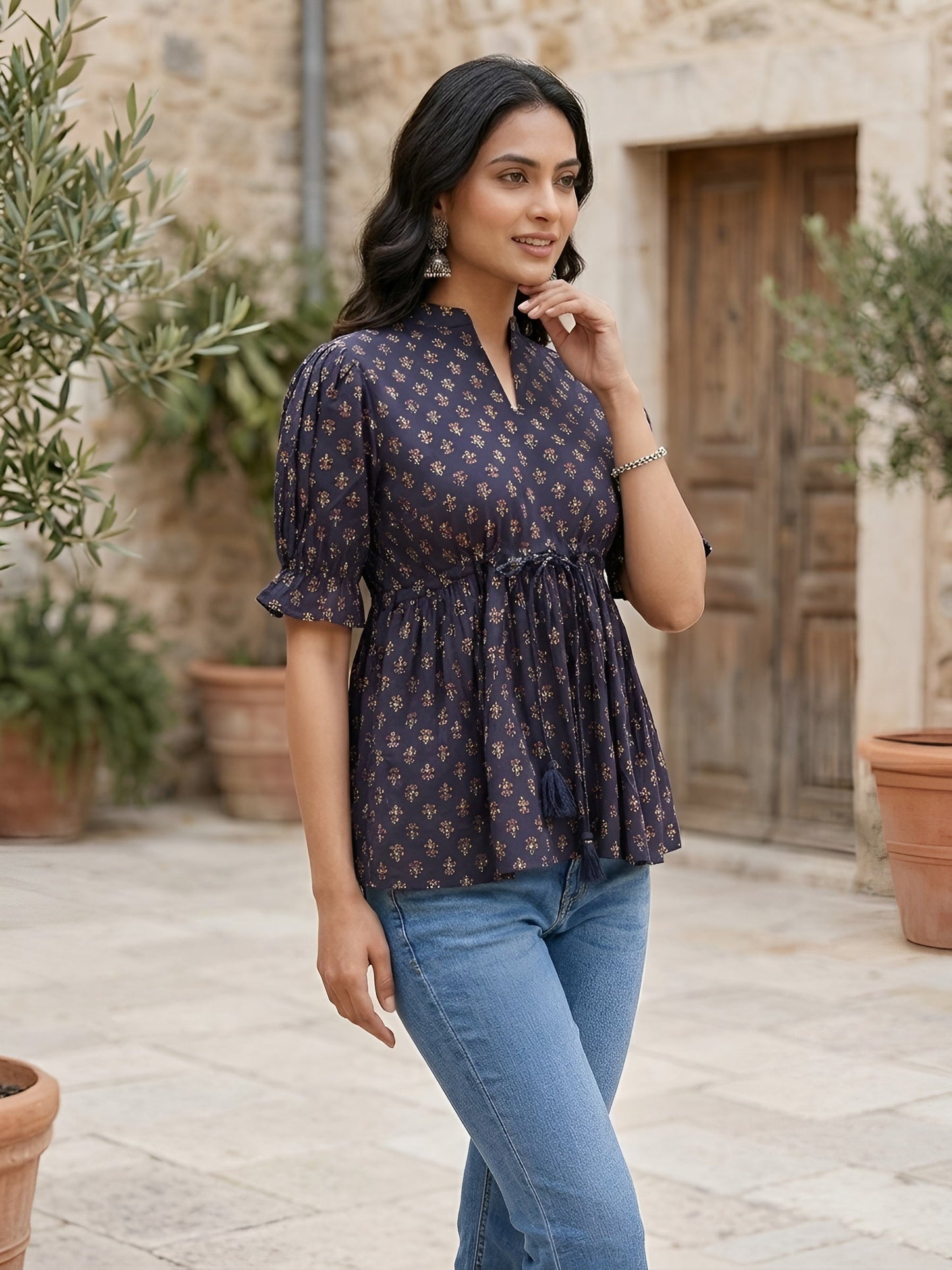 Printed Peplum Top With Puff Sleeves