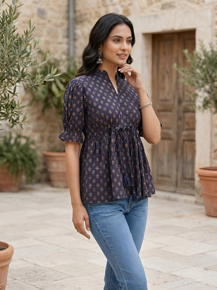 Printed Peplum Top With Puff Sleeves