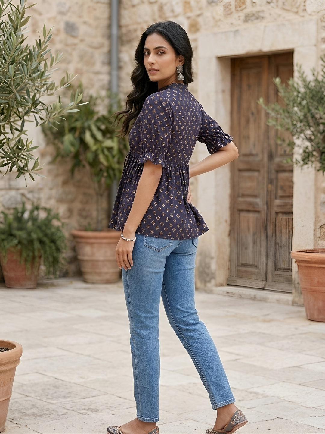 Printed Peplum Top With Puff Sleeves