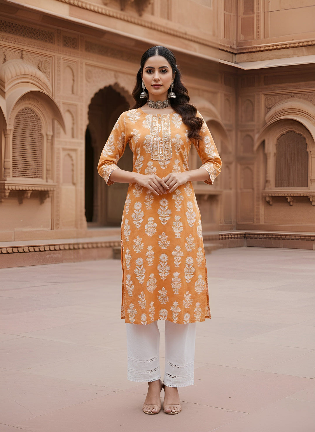 Printed Straight Kurta with Three Quarter Sleeves