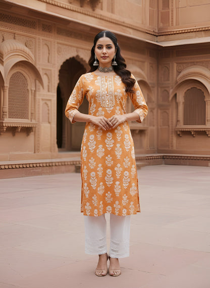Printed Straight Kurta with Three Quarter Sleeves