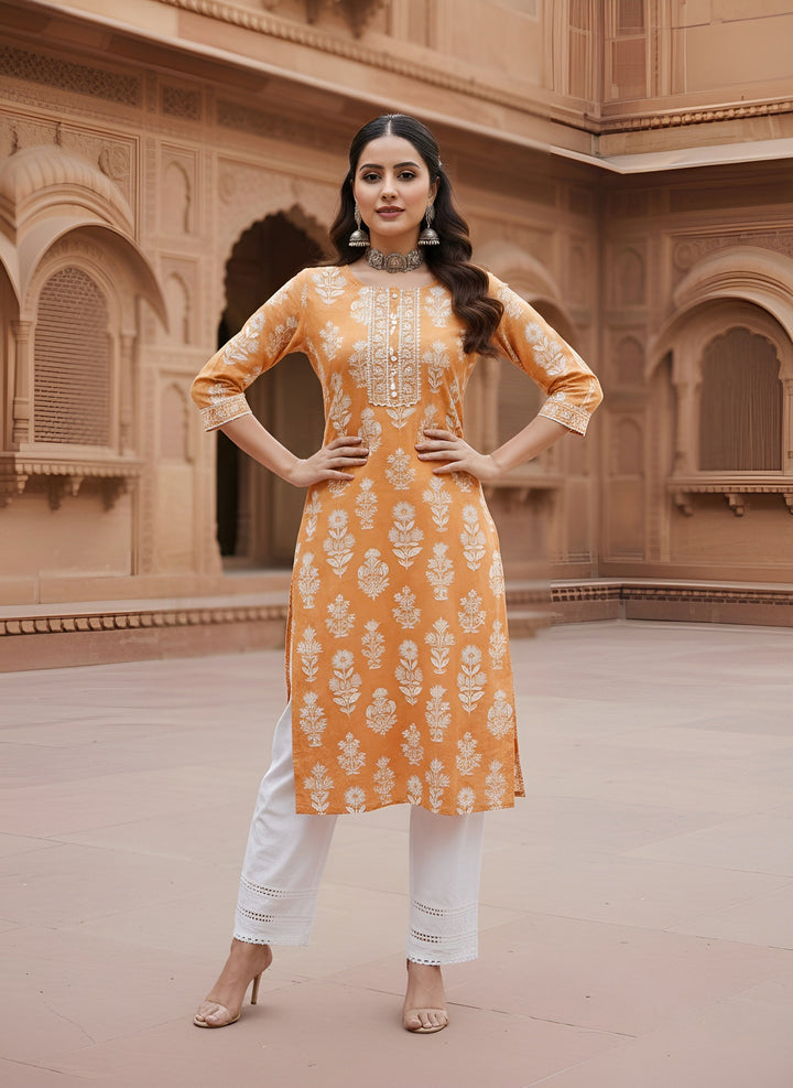 Printed Straight Kurta with Three Quarter Sleeves