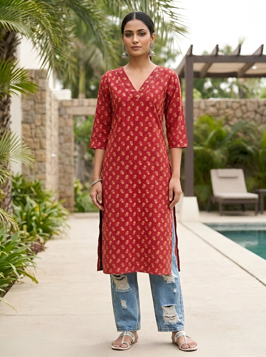 Printed Straight Kurta with Three Quarter Sleeves