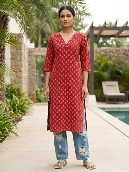 Printed Straight Kurta with Three Quarter Sleeves