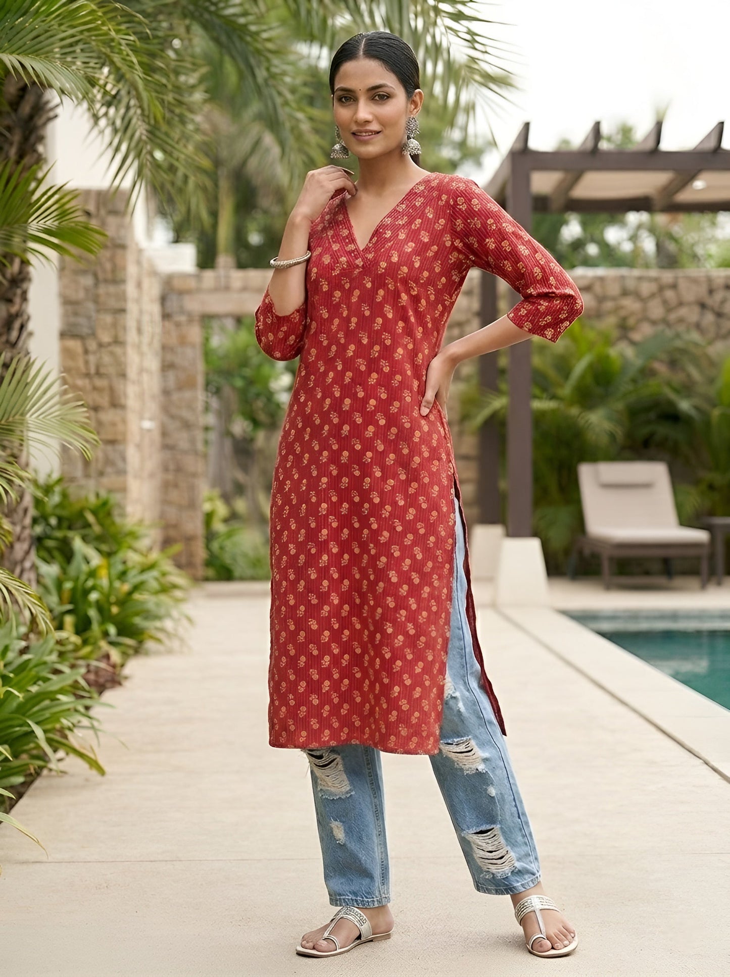 Printed Straight Kurta with Three Quarter Sleeves