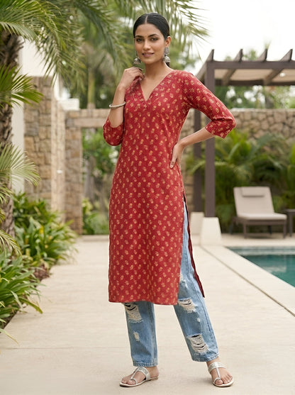 Printed Straight Kurta with Three Quarter Sleeves