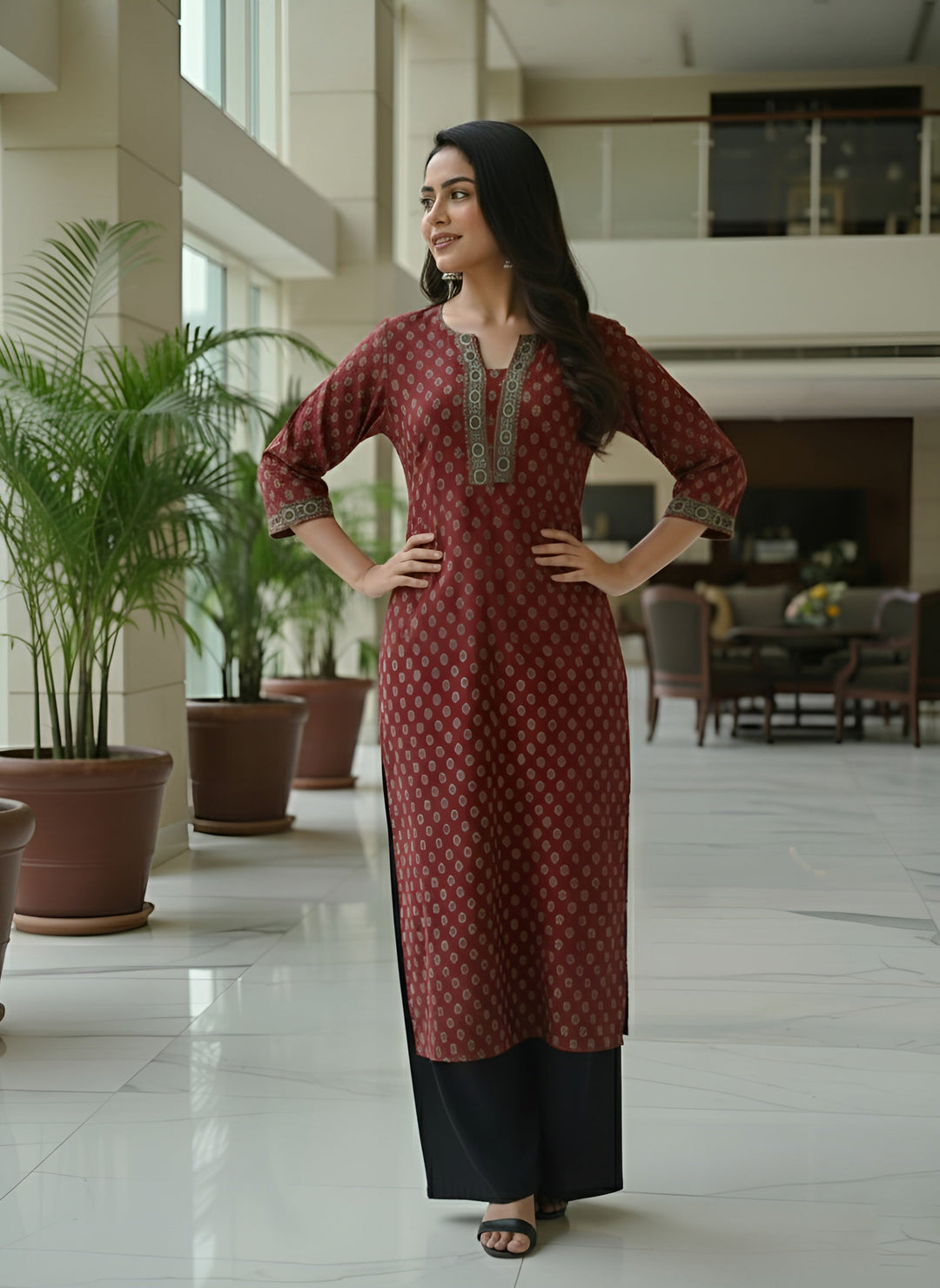 Printed Straight Kurta with Three Quarter Sleeves