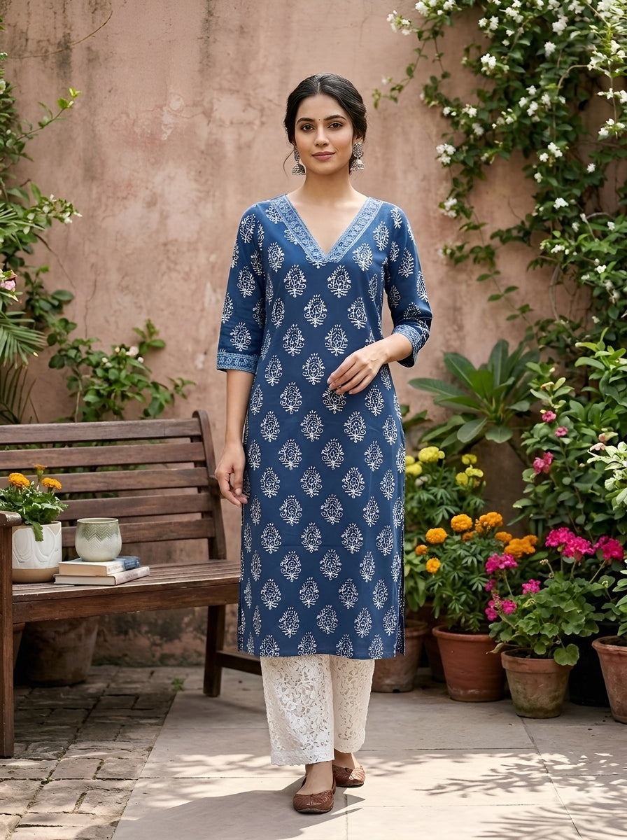 Printed Straight Kurta with Three Quarter Sleeves