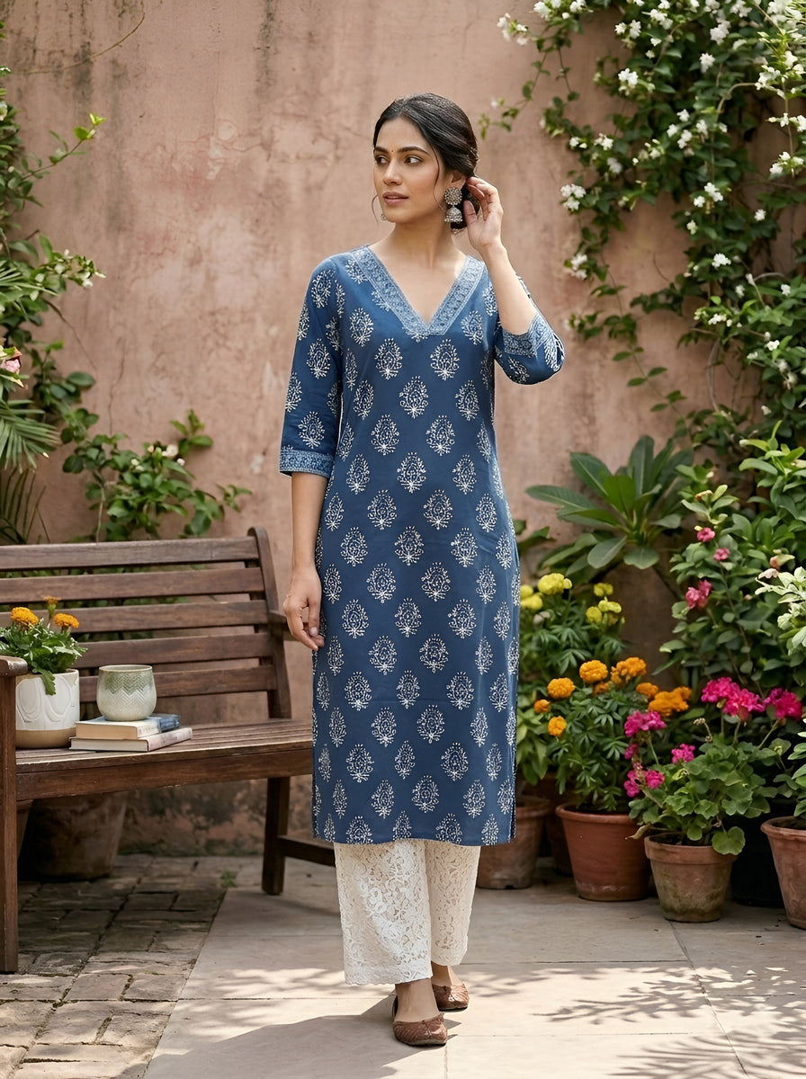 Printed Straight Kurta with Three Quarter Sleeves
