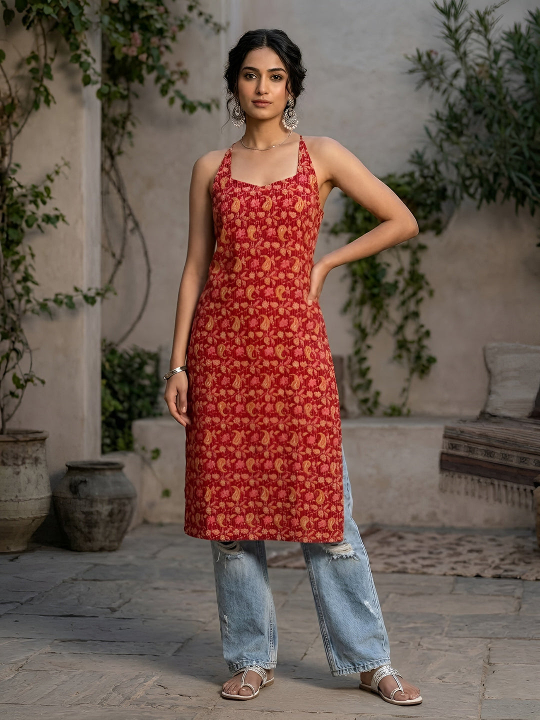 Printed Stylish Back Straight Sleeveless Kurta