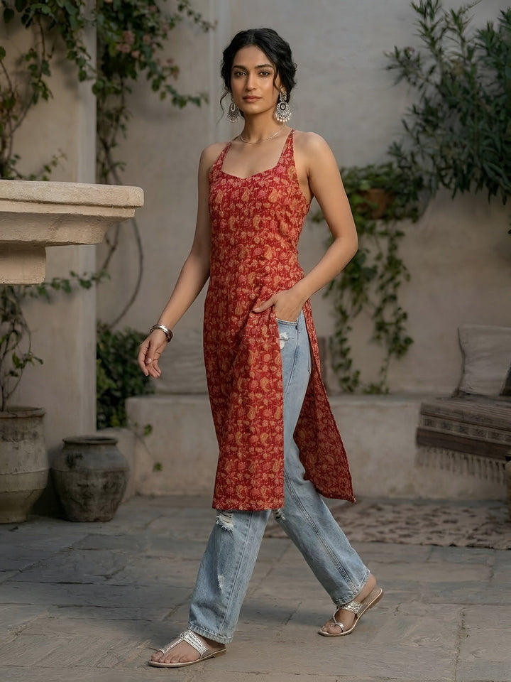 Printed Stylish Back Straight Sleeveless Kurta