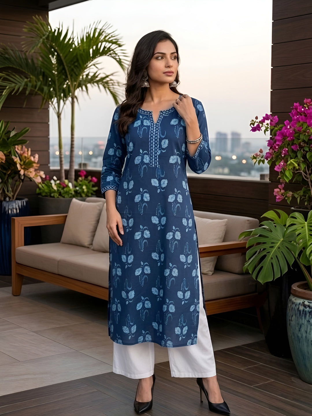 Printed Straight Kurta with Three Quarter Sleeves