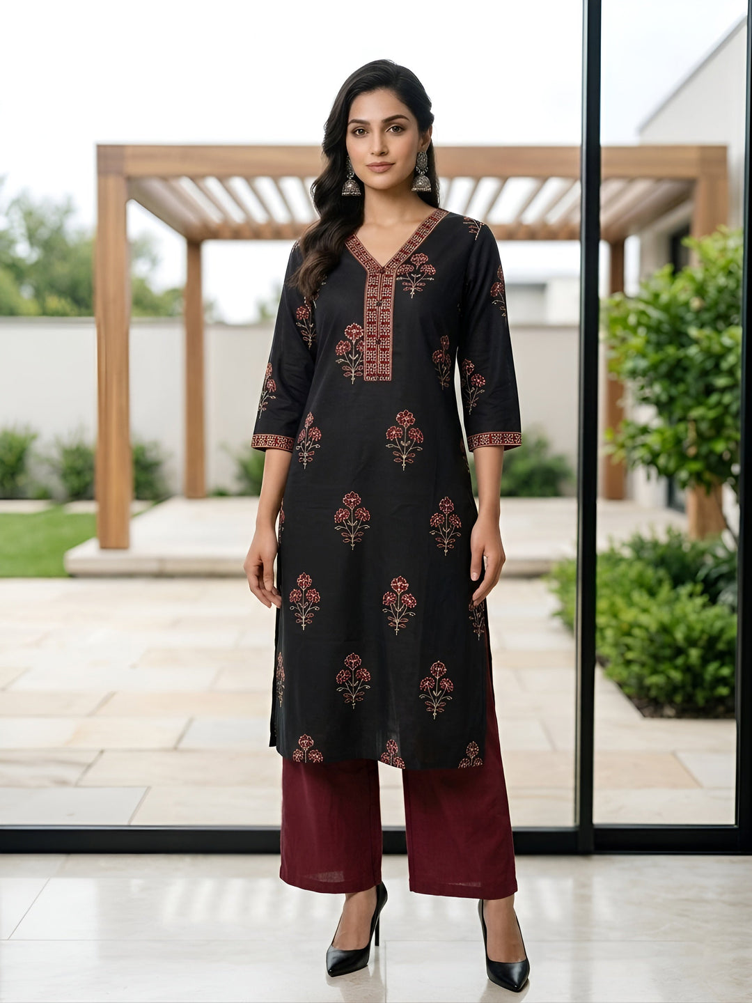 Printed Straight Kurta with Three Quarter Sleeves