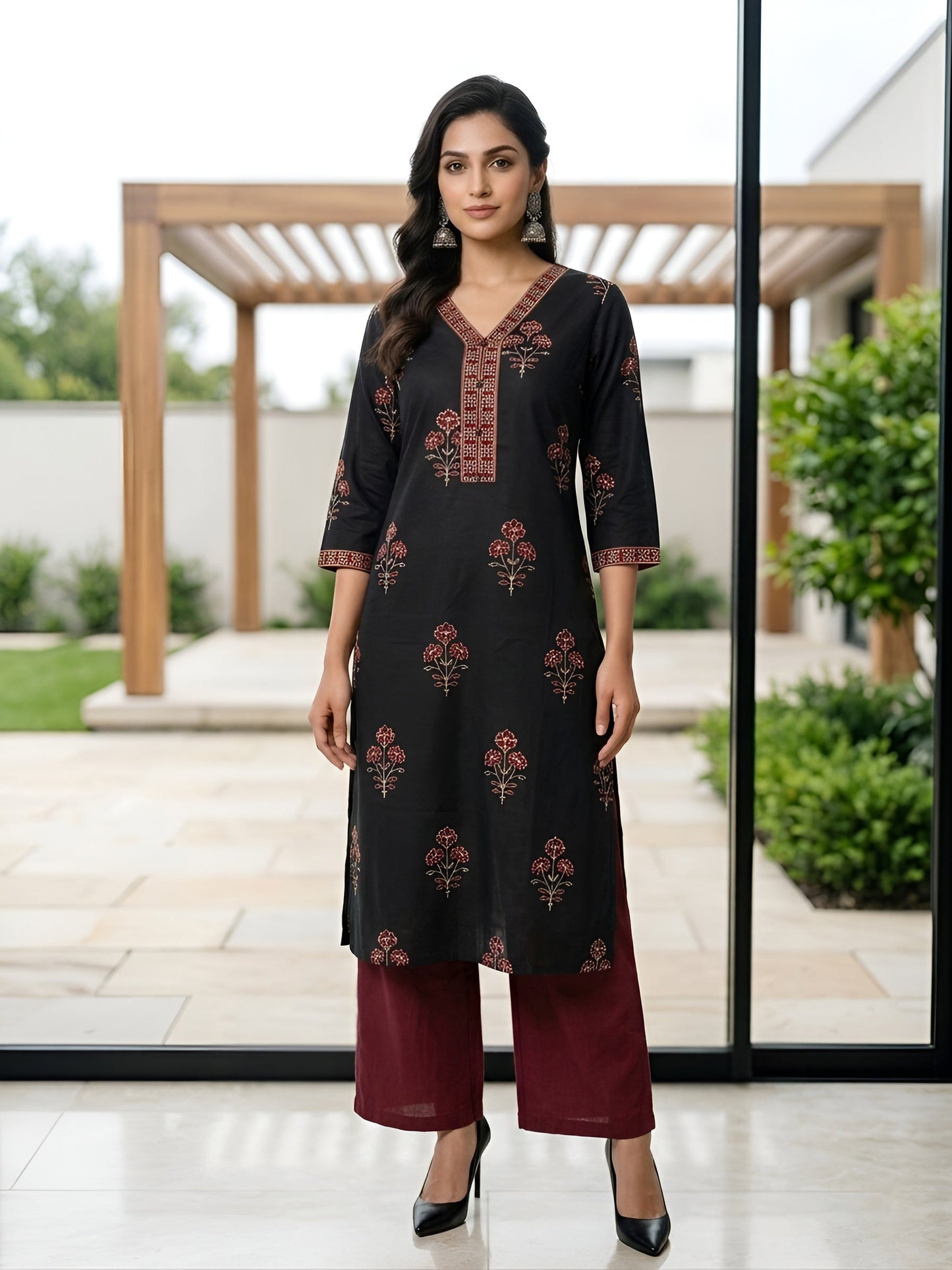 Printed Straight Kurta with Three Quarter Sleeves