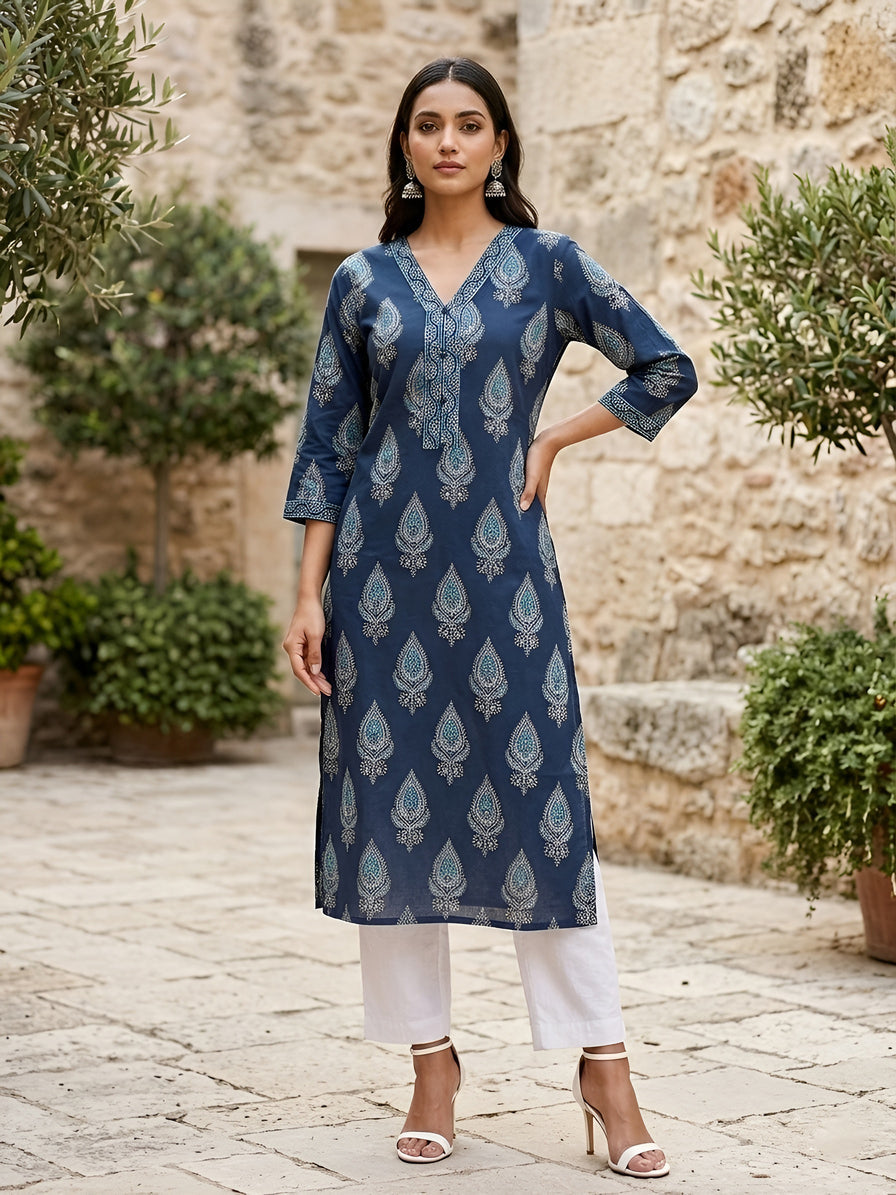 Printed Straight Kurta with Three Quarter Sleeves