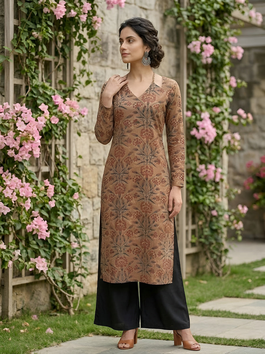 Printed Straight Kurta With Three Quarter Sleeves