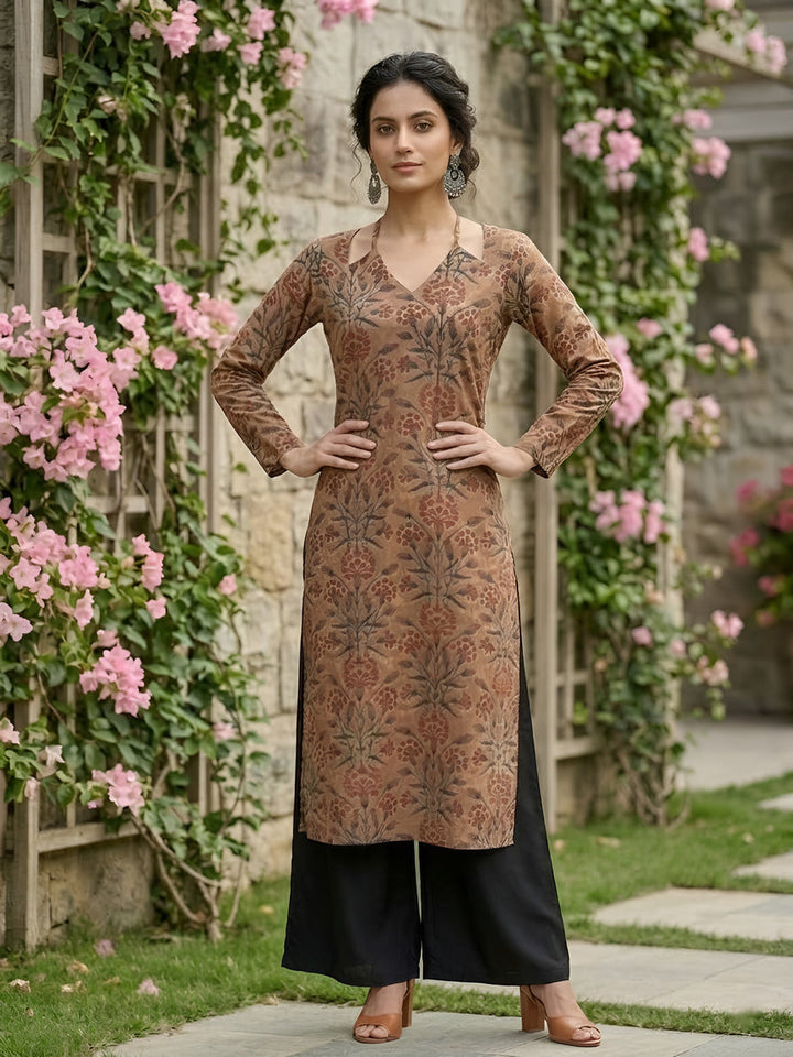 Printed Straight Kurta With Three Quarter Sleeves