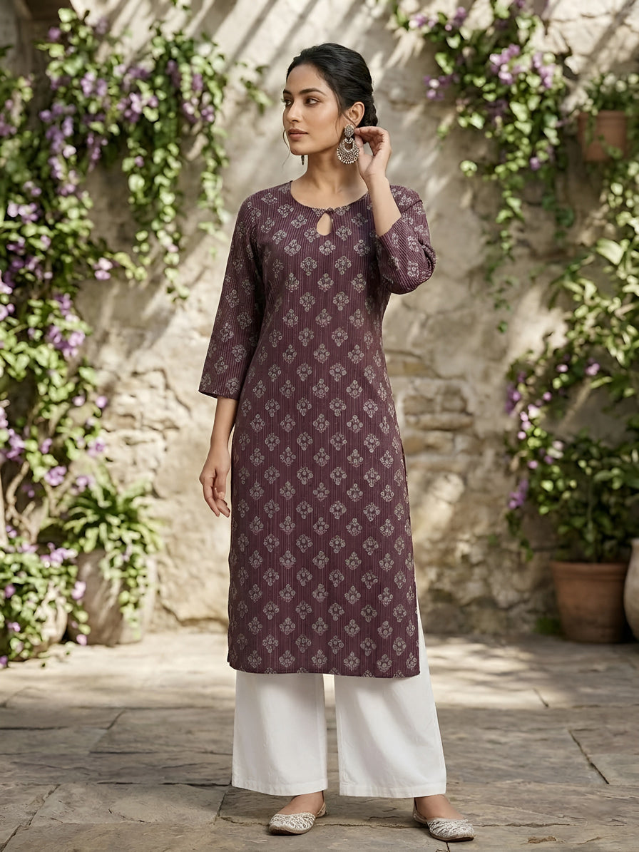 Printed Straight Kurta With Three Quarter Sleeves