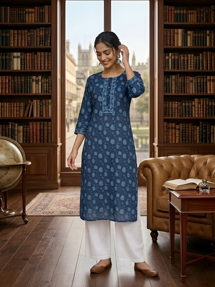 Printed Straight Kurta With Three Quarter Sleeves