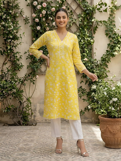 Printed Straight Kurta With Three Quarter Sleeves
