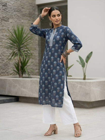 Printed Straight Kurta With Three Quarter Sleeves