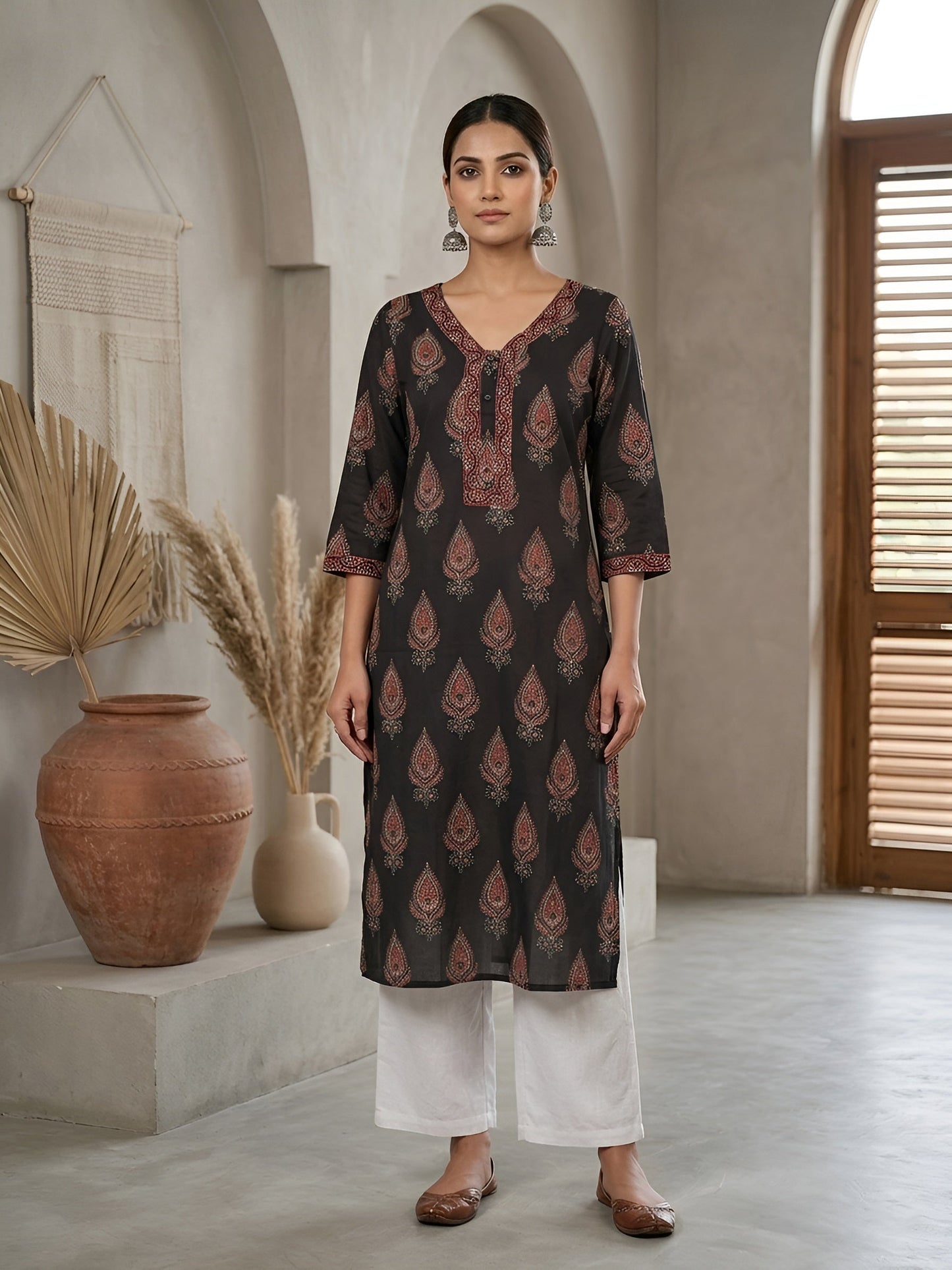 Printed Straight Kurta With Three Quarter Sleeves