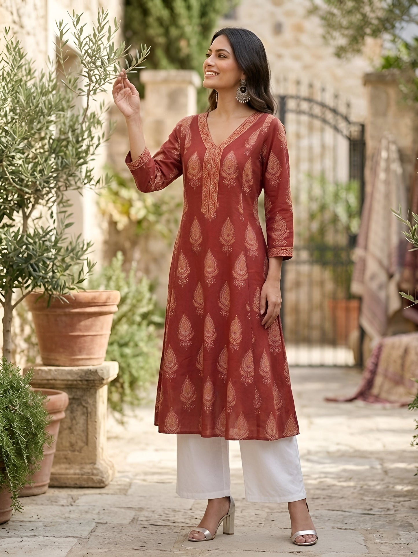 Printed Straight Kurta With Three Quarter Sleeves