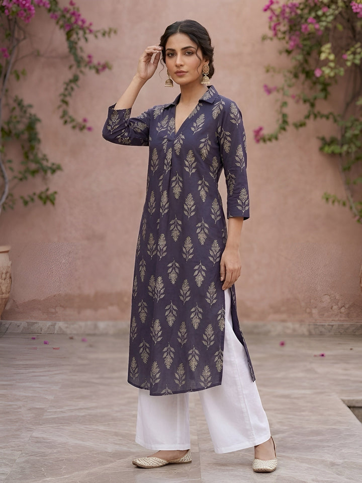 Printed Straight Kurta with Three Quarter Sleeves