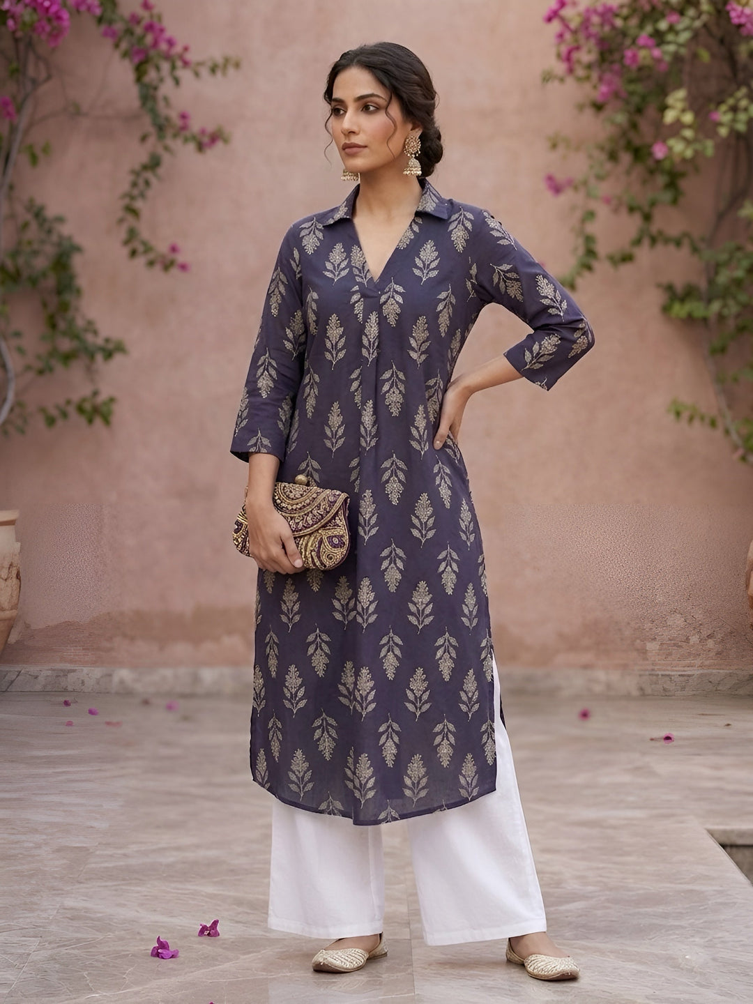 Printed Straight Kurta with Three Quarter Sleeves