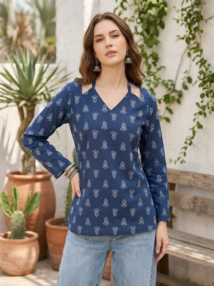 Printed Straight Tunic With Tie-Up Neck