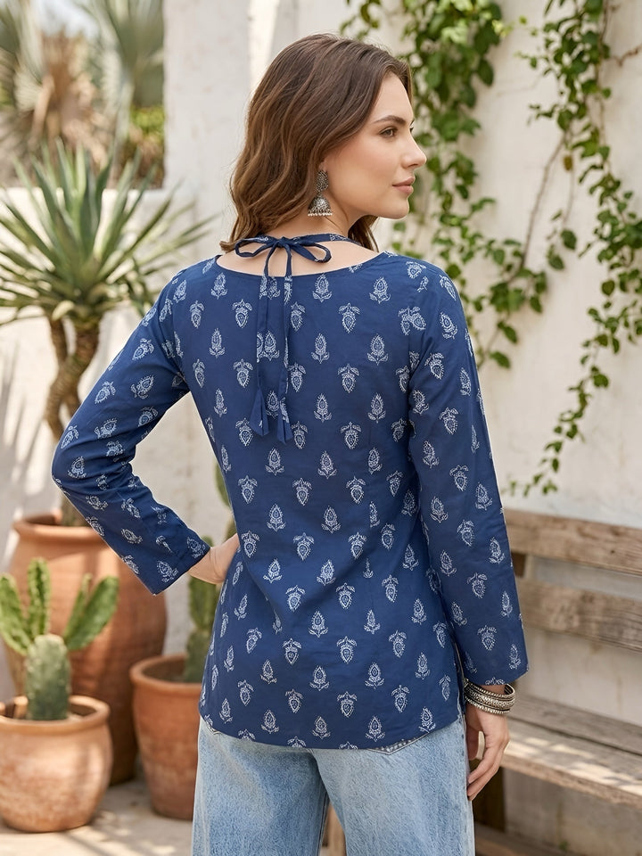 Printed Straight Tunic With Tie-Up Neck
