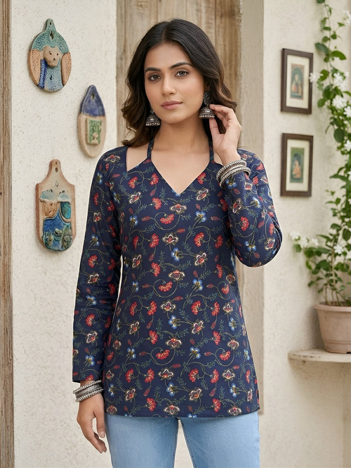 Printed Straight Tunic With Tie-Up Neck