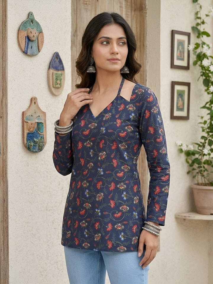 Printed Straight Tunic With Tie-Up Neck