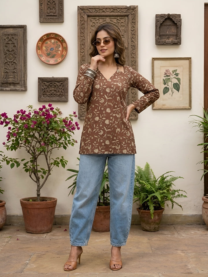 Printed Straight Tunic With Tie-Up Neck