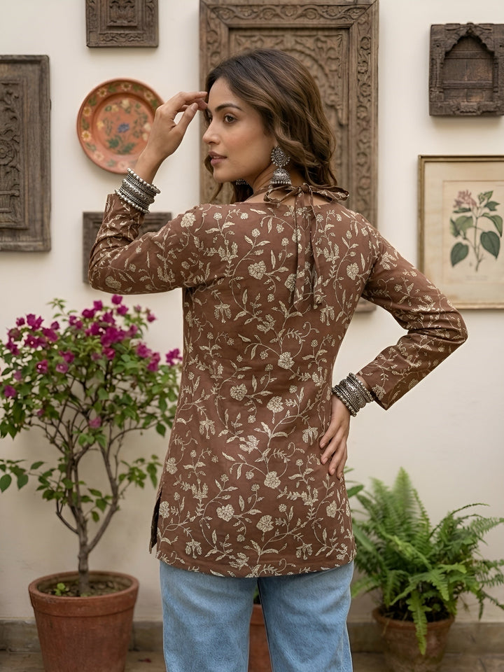 Printed Straight Tunic With Tie-Up Neck