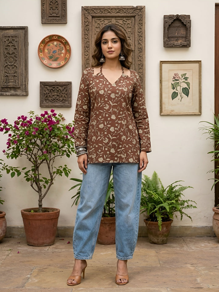 Printed Straight Tunic With Tie-Up Neck