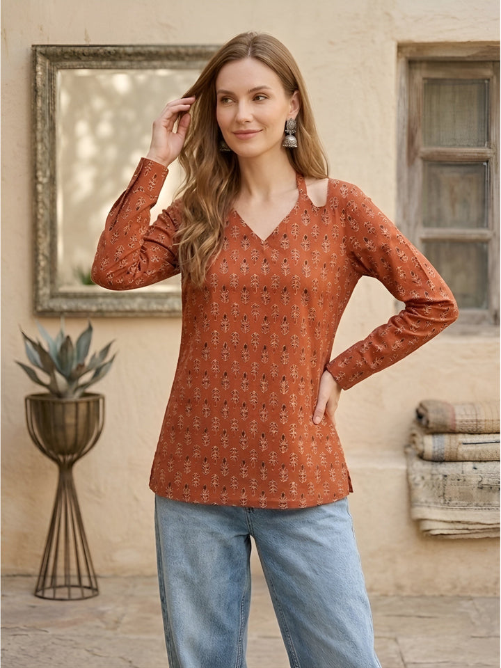 Printed Straight Tunic With Tie-up Neck