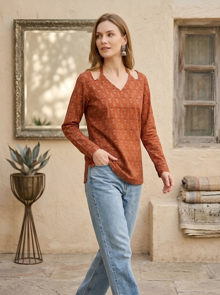 Printed Straight Tunic With Tie-up Neck