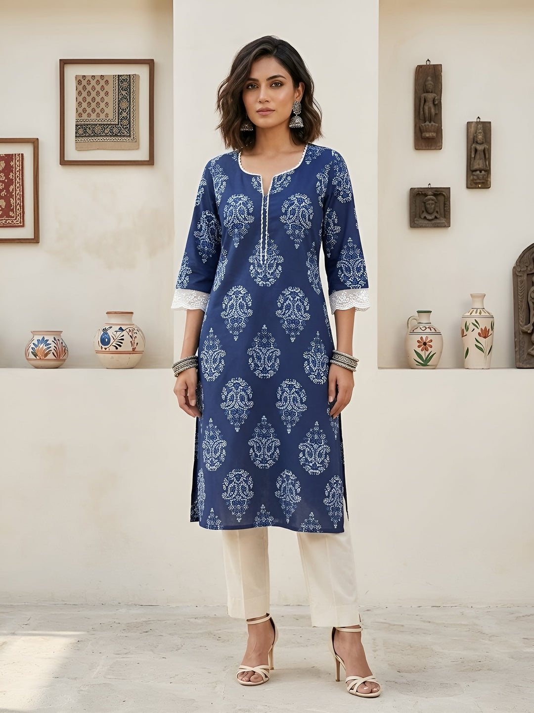 Printed Straight Kurta With Three Quarter Sleeves
