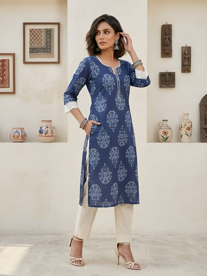 Printed Straight Kurta With Three Quarter Sleeves