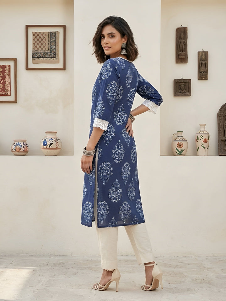 Printed Straight Kurta With Three Quarter Sleeves