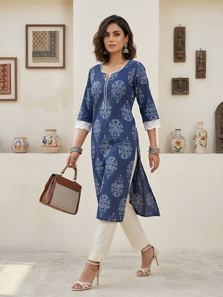 Printed Straight Kurta With Three Quarter Sleeves