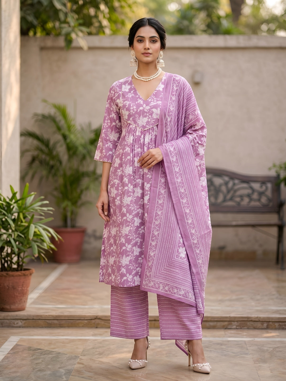 Printed A-Line Kurta Set With Dupatta