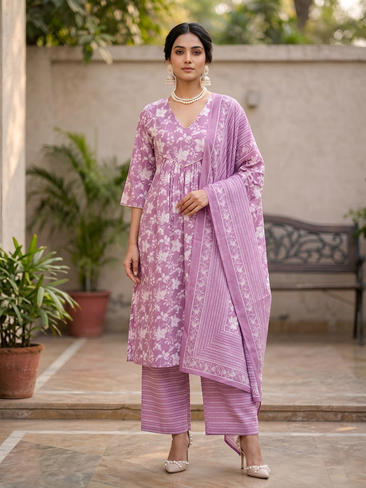 Printed A-Line Kurta Set With Dupatta
