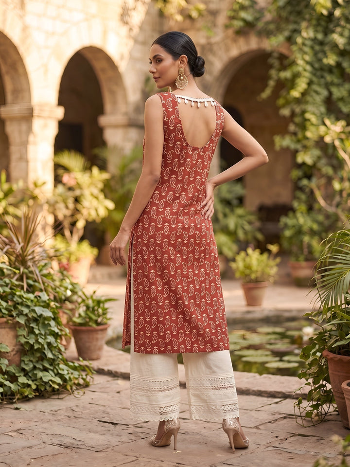 Printed Stylish Back Straight Sleeveless Kurta