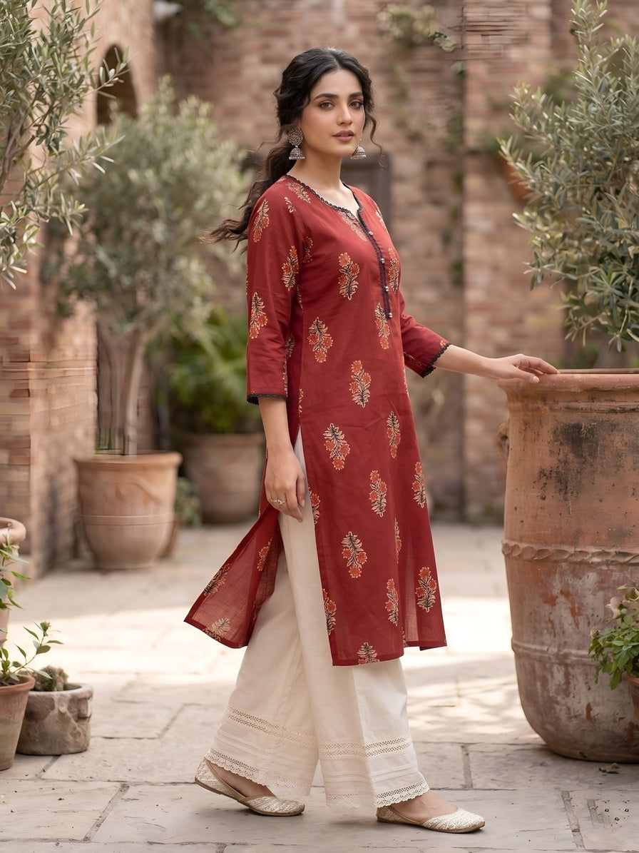 Printed Straight Kurta With Three Quarter